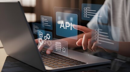 API: a businessman using a laptop with a hologram of API, virtual interface that hologram of API,API integration, API development, JSON, API documentation, Application prgramming interface