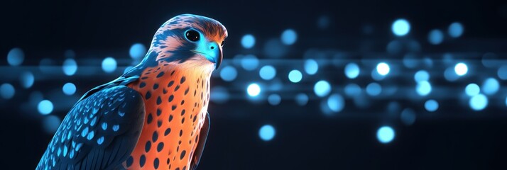 Poster - A vibrant illustration of a bird with blue bokeh lights in the background.