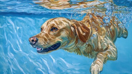 Canvas Print - A vibrant painting of a dog swimming underwater, capturing the joy of playfulness.