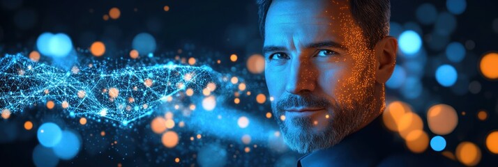 Canvas Print - A man with a thoughtful expression, surrounded by digital elements and glowing particles.