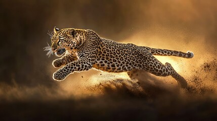 Poster - A leopard leaps through dust, showcasing its agility and strength in a dynamic pose.