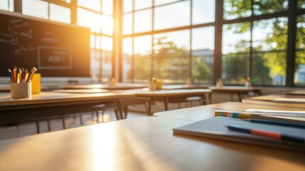 Wall Mural - A sunlit classroom with desks, notebooks, and writing tools, ready for learning.