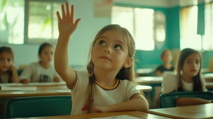 Sticker - A young girl raises her hand in a classroom filled with attentive students.