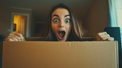 Poster - A surprised woman excitedly reacts while holding a cardboard box.