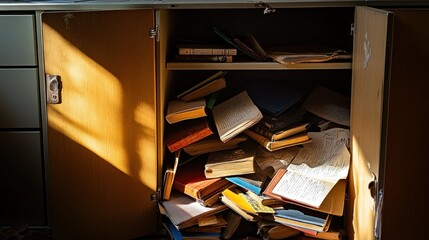 Poster - A cluttered bookshelf filled with disorganized books in a dimly lit room.