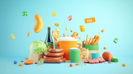 Poster - A vibrant display of various food items and drinks, emphasizing indulgence and variety.