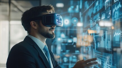 Canvas Print - A man in a suit using virtual reality technology in a modern office environment.