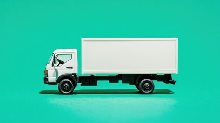 Wall Mural - A side view of a small white delivery truck on a vibrant green background.