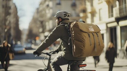 Wall Mural - A cyclist with a large backpack rides through a city street during the day.