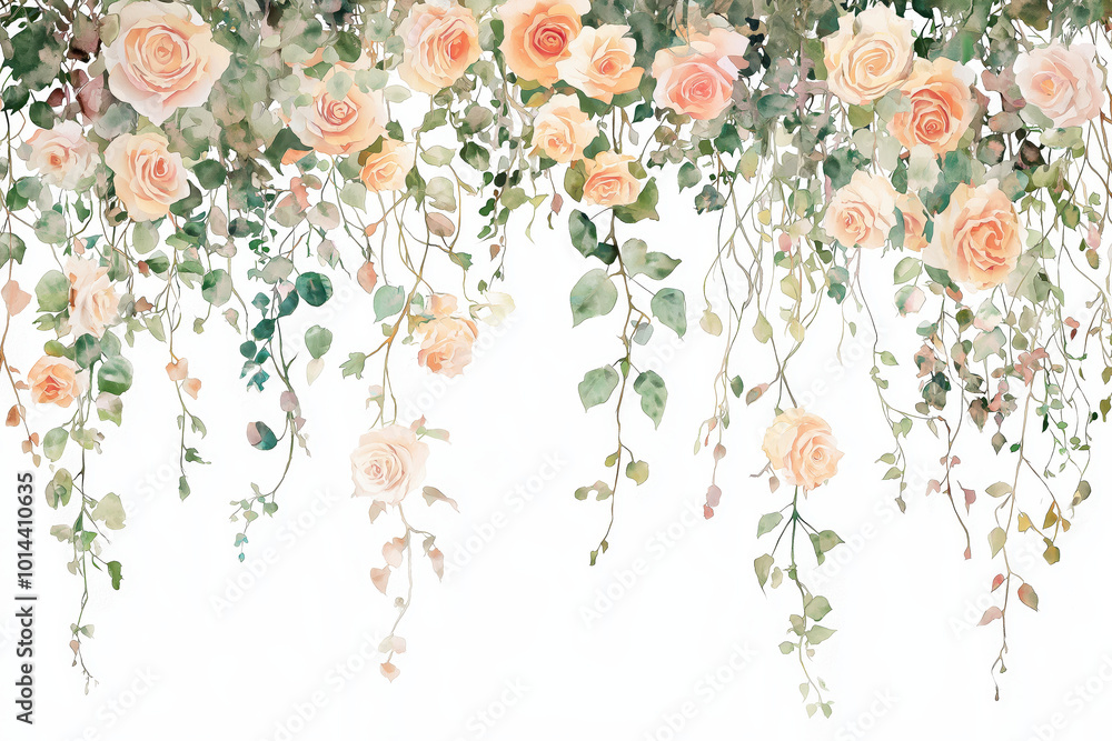 Delicate watercolor flowers with soft peach roses and green vines ...