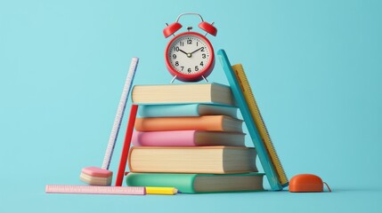 Sticker - A stack of colorful books with an alarm clock and stationery items, symbolizing study and time management.