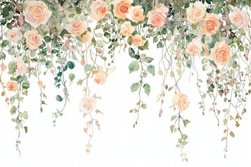 Delicate watercolor flowers with soft peach roses and green vines create an elegant floral border against a white background.