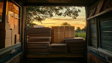 Canvas Print - View from a delivery van filled with boxes against a sunset backdrop.