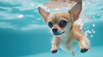 Poster - A Chihuahua swimming underwater, showcasing its playful spirit in a vibrant blue pool.