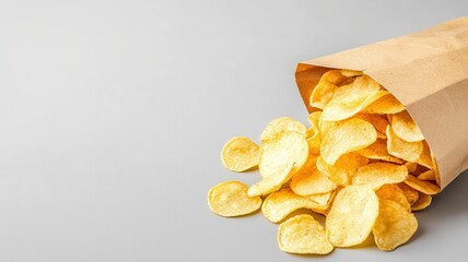 Wall Mural - A paper bag spills out golden chips on a light gray background, showcasing a delicious snack that's both crispy and inviting.