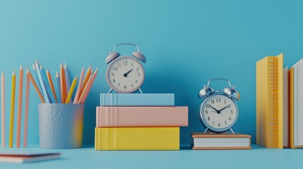 Poster - A colorful workspace with clocks, books, and pencils, ideal for studying or organizing time.