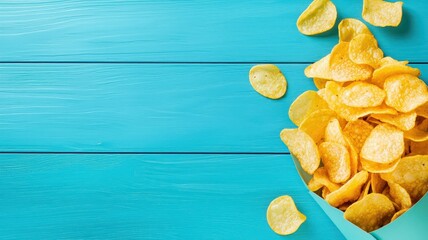 Wall Mural - A vibrant image showcasing a pile of potato chips spilling from a colorful container onto a turquoise wooden surface.