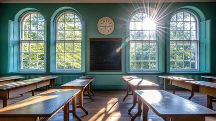 Poster - A sunlit classroom with wooden desks, a chalkboard, and large windows.