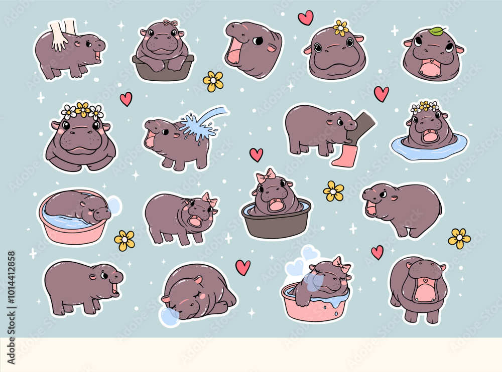 Grumpy Baby Pygmy Hippo Playful bouncy pig Cartoon Hand Drawn Doodle ...