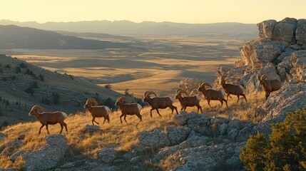 Poster - A group of mountain goats traverses a rocky landscape at sunset.