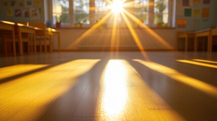 Poster - Sunlight streams through a classroom, casting warm rays on the wooden floor.