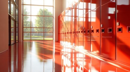 Wall Mural - A bright school hallway featuring red lockers and large windows, creating a vibrant atmosphere.