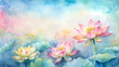©  Elvira Astahova - Watercolor lotus flowers background, soft and serene, featuring pink and yellow lotus flowers against a blue and green wash, symbolizing purity and beauty, with copy space