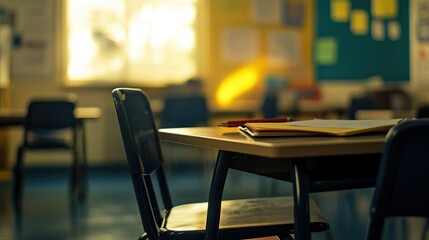 Canvas Print - A classroom setting with a desk, chair, and sunlight filtering through a window.