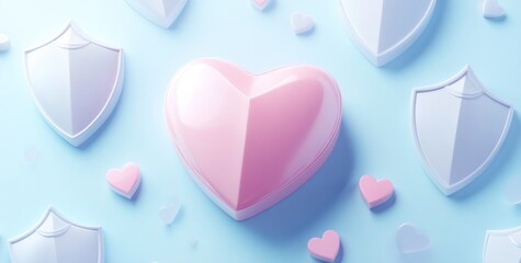 Wall Mural - A pink heart surrounded by smaller hearts and shield shapes on a soft blue background.