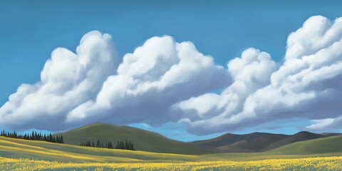 Poster - landscape painting, colorful flowers in field under beautiful clouds 