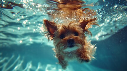 Sticker - A small dog swimming underwater, showcasing its playful nature in a pool.