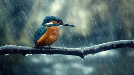 Wall Mural - A colorful kingfisher perched on a branch in the rain, showcasing nature's beauty.