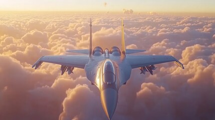 Sticker - A fighter jet soaring above fluffy clouds during sunset.