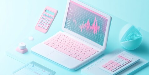 Poster - A pastel-themed workspace featuring a laptop, calculator, and stylized accessories.