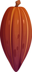 Sticker - Cartoon cocoa pod or bean with rich brown color and ribbed texture. Isolated vector chocolate cacao tree plant seed. Confection ingredient for kakao powder, confectionery and sweets cooking