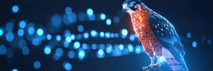 Poster - A digitally enhanced bird with glowing effects against a blue background.