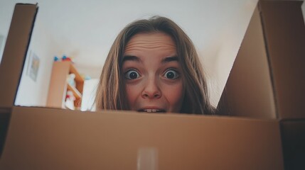 Poster - A surprised girl peeks out from a cardboard box, expressing joy and curiosity.