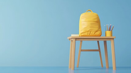 Poster - A bright yellow backpack on a wooden table against a blue background, symbolizing education.