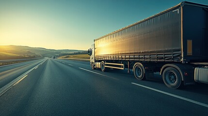 Canvas Print - A truck on a highway at sunrise, symbolizing transport and logistics.