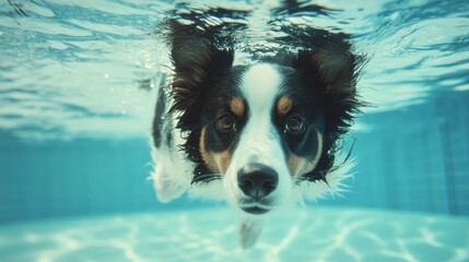 Wall Mural - A dog swimming underwater, showcasing its playful nature in a pool environment.