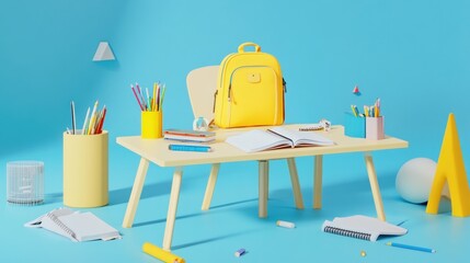 Canvas Print - A colorful study desk with stationery and a backpack, creating a vibrant learning environment.