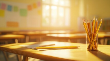 Wall Mural - A sunlit classroom with pencils and paper on a desk, creating a learning environment.