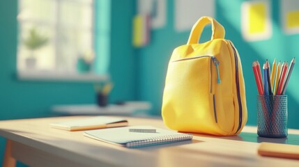 Sticker - A vibrant yellow bag on a desk with stationery, suggesting a study or creative workspace.