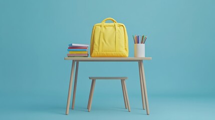 Poster - A bright yellow backpack on a table with books and colored pencils against a blue background.