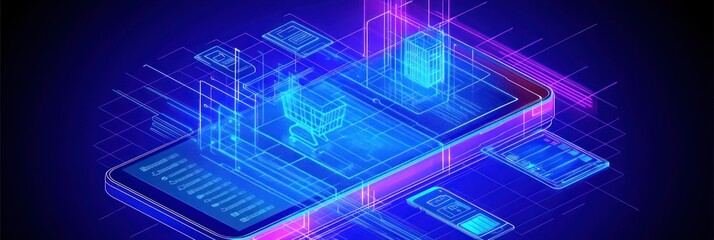 A digital illustration of a smartphone displaying holographic data and technology elements.