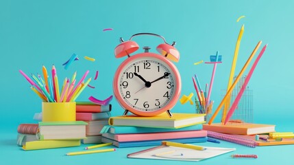 Sticker - A colorful study scene featuring books, stationery, and an alarm clock against a bright background.