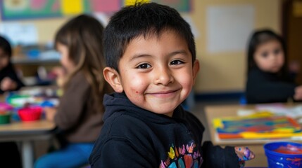 Sticker - A smiling child in a classroom, engaged in painting activities with peers.