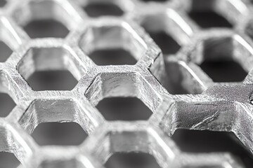 Close-up of a metallic hexagonal grid.