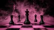 © TI3ee - Black chess pieces stand on a chessboard with a stormy background.