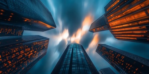 Low angle view of skyscrapers at dusk with glowing windows.